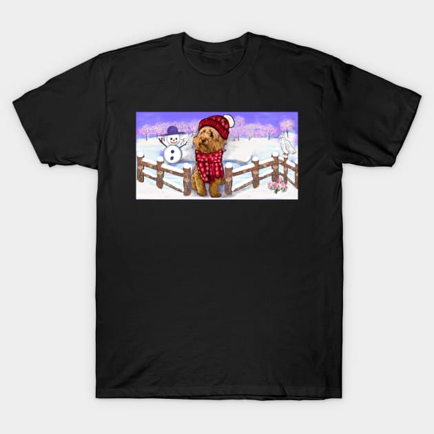 Cavoodle in festive red winter hat and scarf- cute cavalier king charles spaniel snug in a snowflake themed scarf T-Shirt by Artonmytee